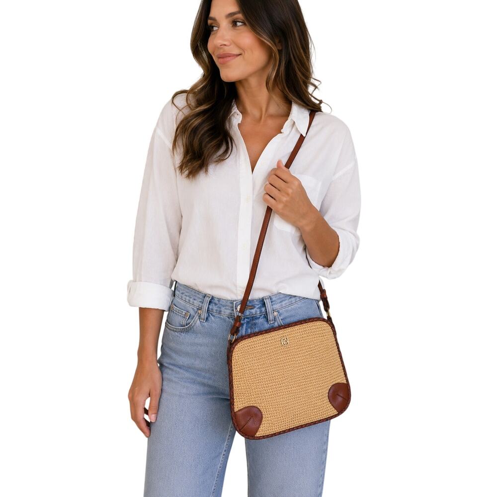 Etienne Aigner Woven Straw Leather Trim Crossbody Shoulder Bag Tan Brown